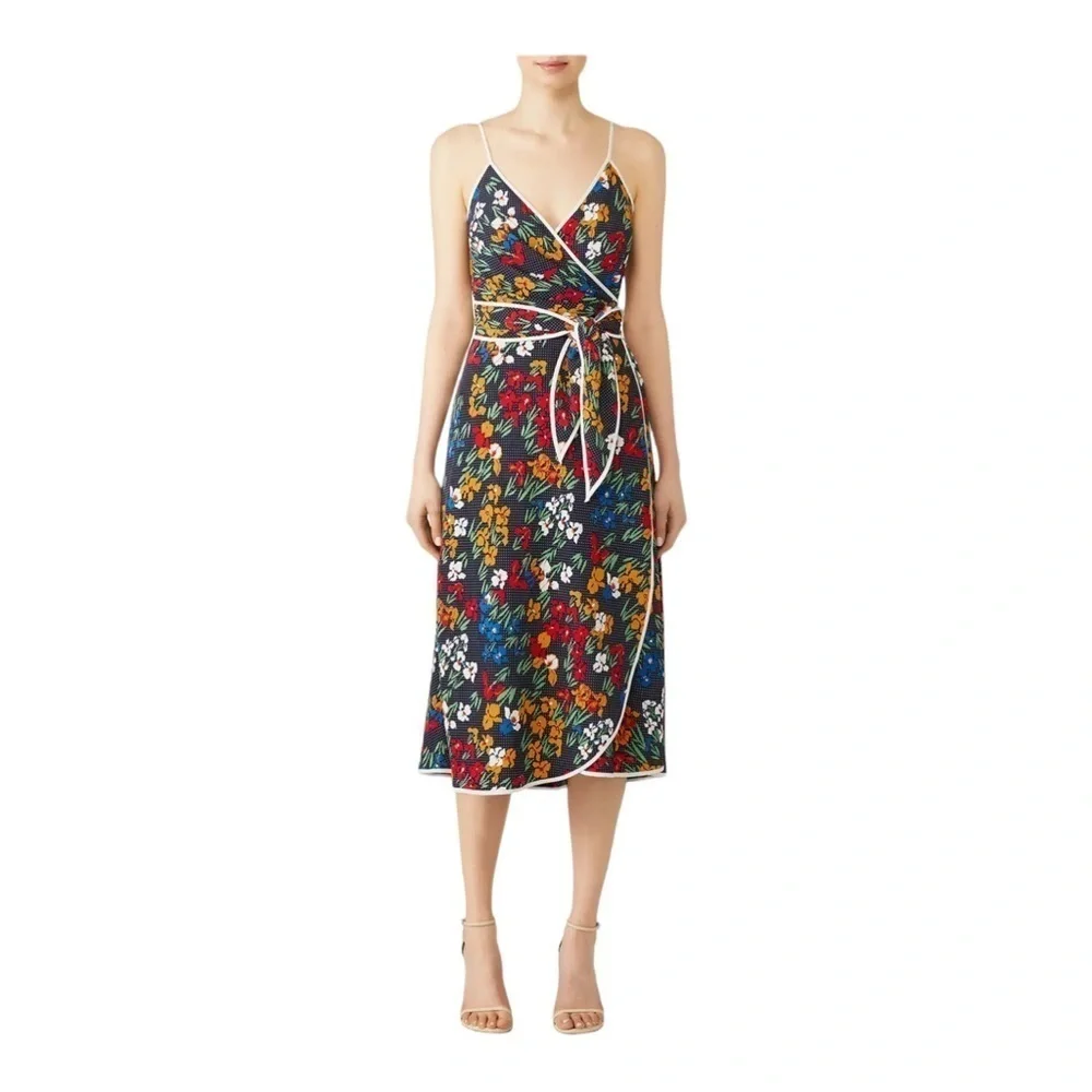 TORY BURCH Navy Blue Floral Grotto Midi Wrap Dress Size 8